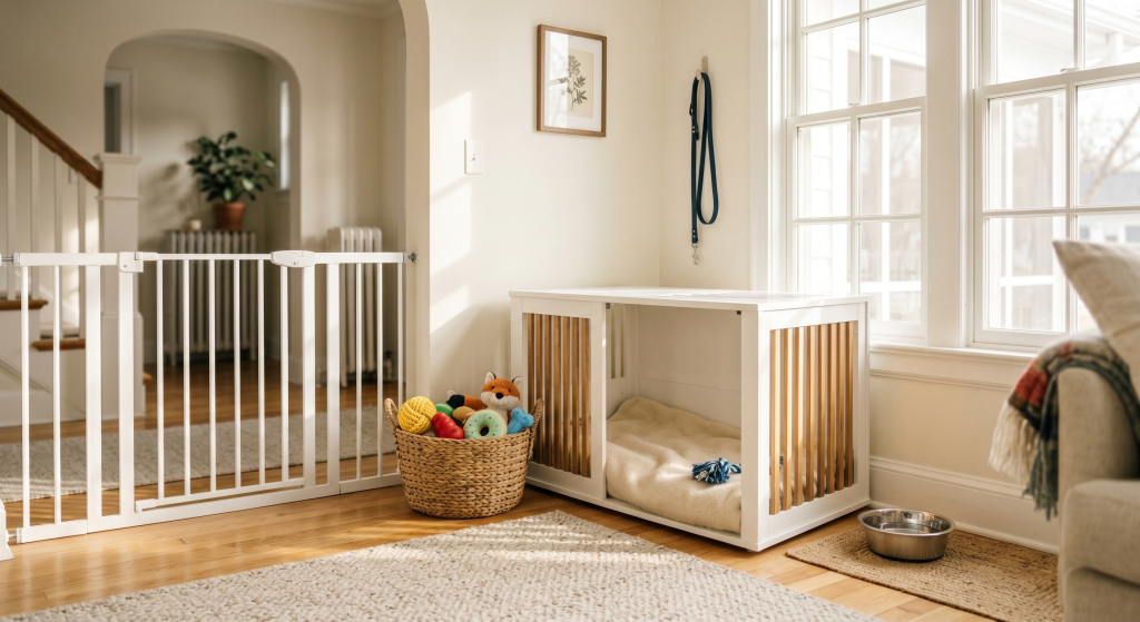 A sunlit modern living area corner featuring a furniture-style dog crate, a basket of toys, a water bowl, and a safety gate near large windows.