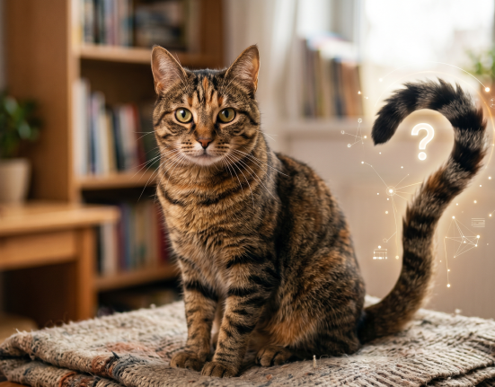 A tabby cat sits with its tail forming a question mark, surrounded by glowing data points.