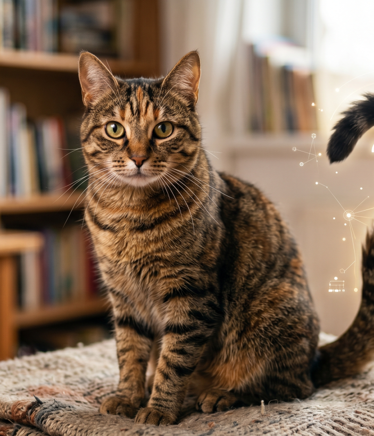A tabby cat sits with its tail forming a question mark, surrounded by glowing data points.
