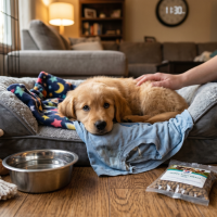 A heartwarming, candid photograph capturing a sleepy Golden Retriever puppy settling into its crate-bed during its first 24 hours home. The puppy looks at the camera, surrounded by essential survival items: a stuffed giraffe, a water bowl, dog food, and a training clicker. An owner's hand gently pets the puppy's back. A clock in the living room background shows 11:30 PM.