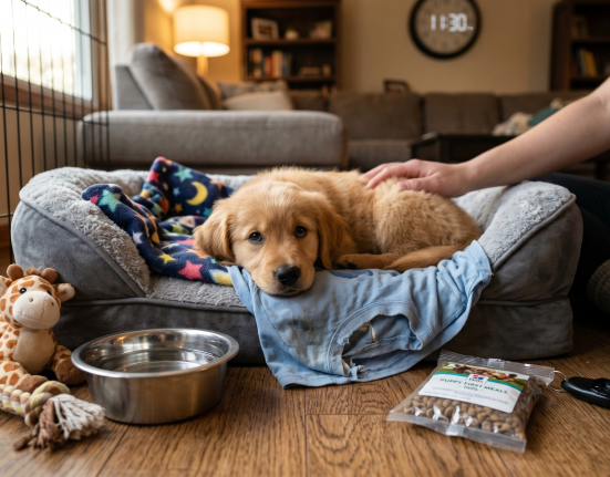 A heartwarming, candid photograph capturing a sleepy Golden Retriever puppy settling into its crate-bed during its first 24 hours home. The puppy looks at the camera, surrounded by essential survival items: a stuffed giraffe, a water bowl, dog food, and a training clicker. An owner's hand gently pets the puppy's back. A clock in the living room background shows 11:30 PM.