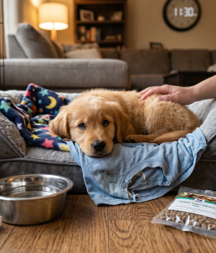 A heartwarming, candid photograph capturing a sleepy Golden Retriever puppy settling into its crate-bed during its first 24 hours home. The puppy looks at the camera, surrounded by essential survival items: a stuffed giraffe, a water bowl, dog food, and a training clicker. An owner's hand gently pets the puppy's back. A clock in the living room background shows 11:30 PM.