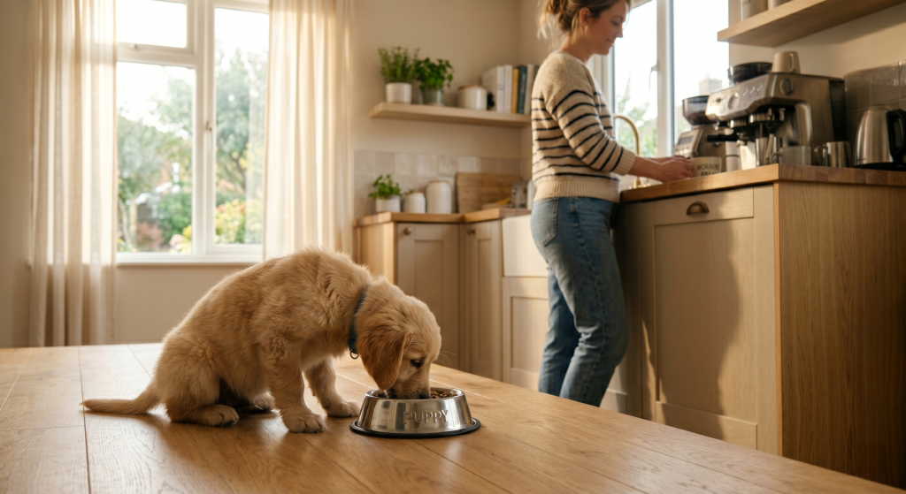 Golden retriever puppy eating from a food bowl in a bright modern kitchen with owner nearby