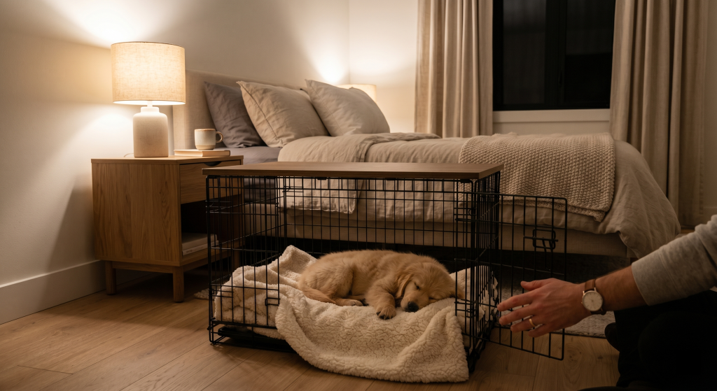 Golden retriever puppy sleeping in a cozy crate beside a bed in a warm bedroom setting