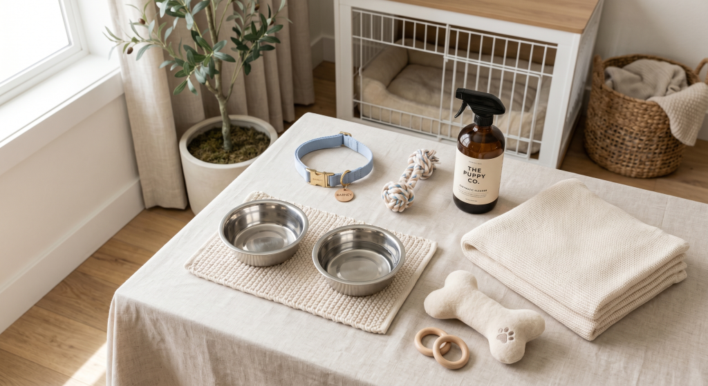 Minimalist dog accessories setup with bowls, collar, toys and pet cleaner in a modern home interior