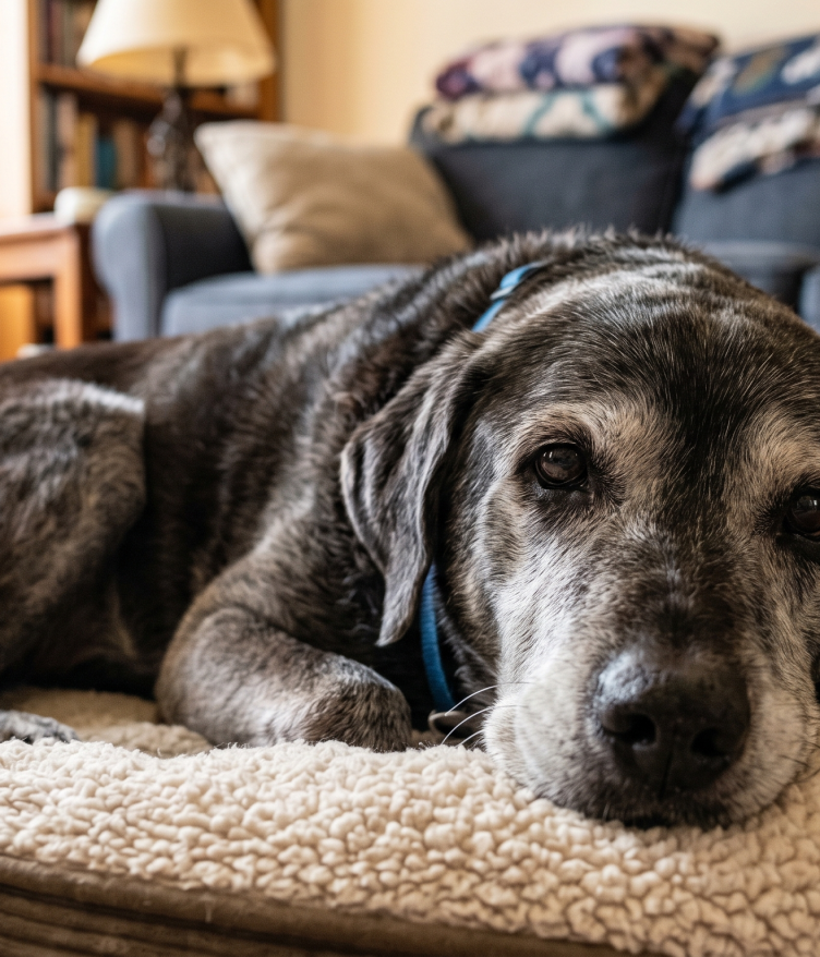 A senior, grey-faced dog lies resting in a cozy pet bed.