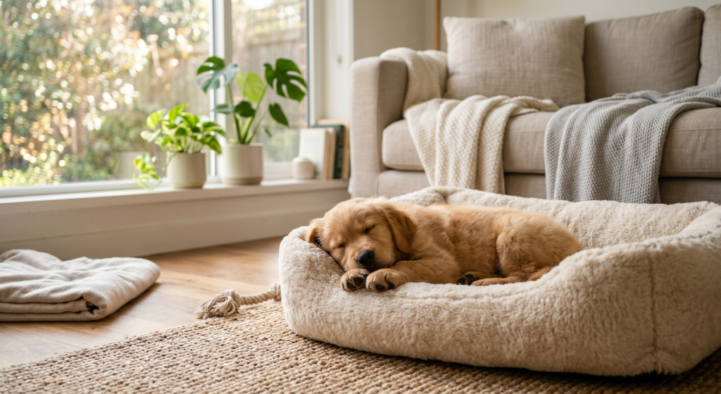 Sleeping golden retriever puppy resting in a fluffy dog bed in a cozy sunlit living room