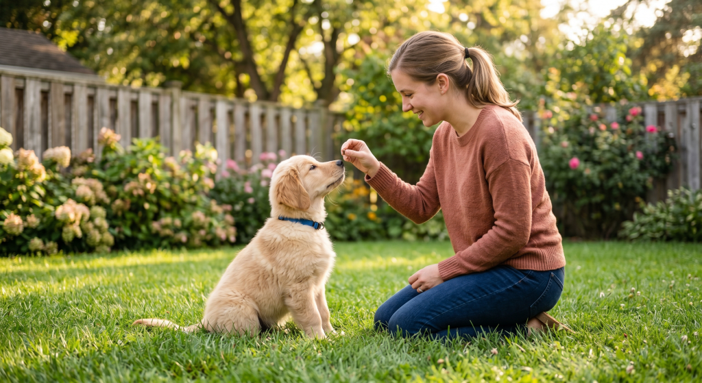 A smiling woman kneeling on a grassy lawn in a sunny backyard, gently training an attentive golden retriever puppy.