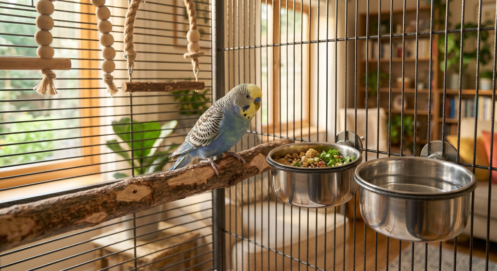 A blue parakeet perched on a wooden branch in a birdcage with two metal food bowls.