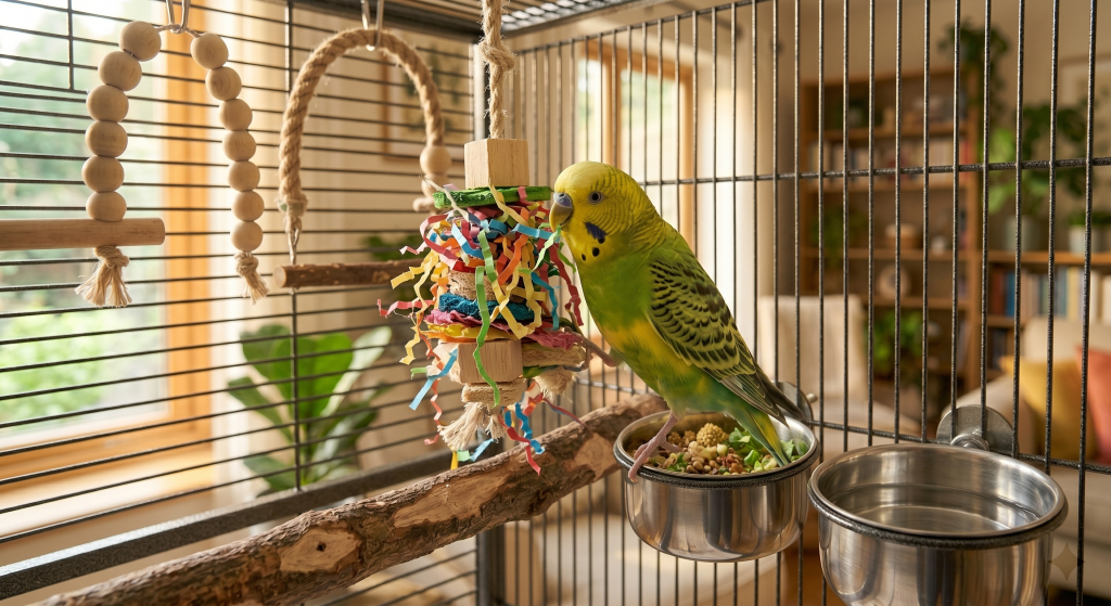 A green budgerigar pecking at a colorful toy in its cage, with food in a bowl.