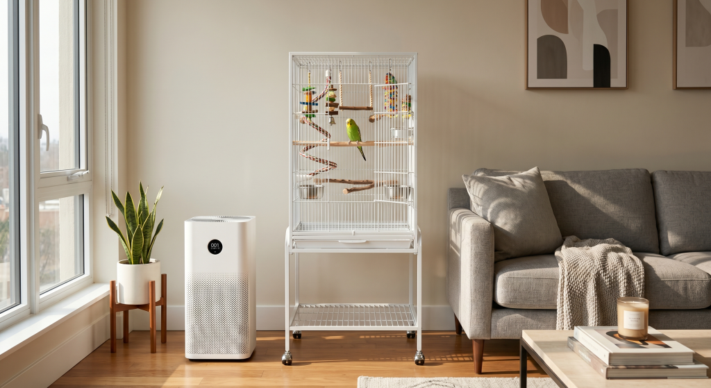 A birdcage with colorful birds, a plant beside an air purifier, and a cozy gray couch.