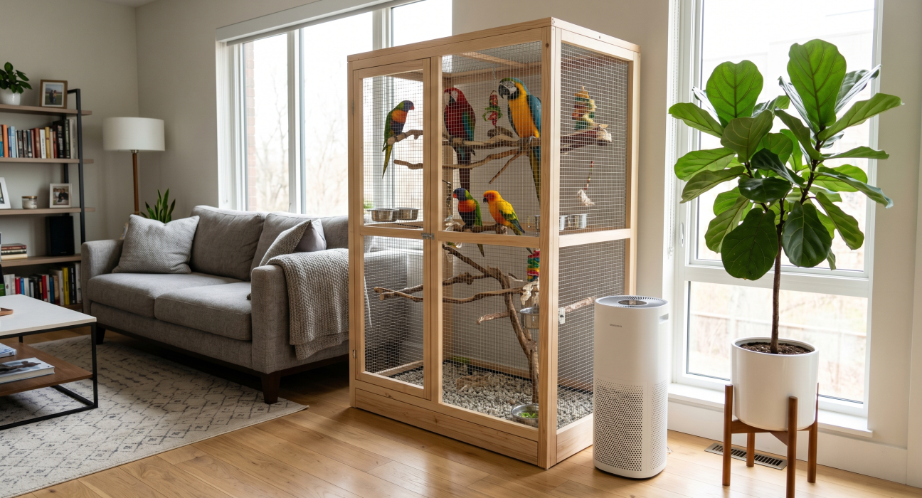 A birdcage with colorful parrots inside, next to a cozy gray couch and a green plant.