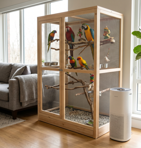 A birdcage with colorful parrots inside, next to a cozy gray couch and a green plant.