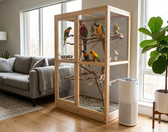 A birdcage with colorful parrots inside, next to a cozy gray couch and a green plant.