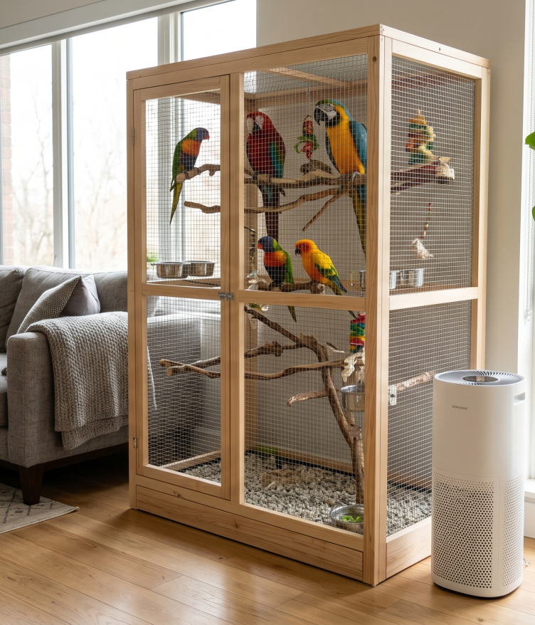 A birdcage with colorful parrots inside, next to a cozy gray couch and a green plant.