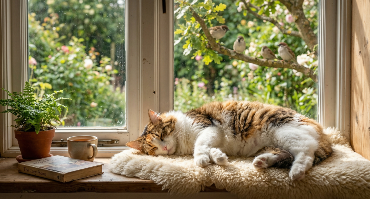 A fluffy calico cat sleeping on a windowsill with birds in the background and greenery outside