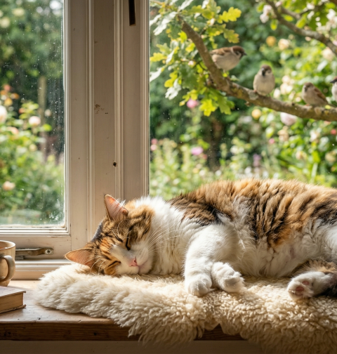 A fluffy calico cat sleeping on a windowsill with birds in the background and greenery outside