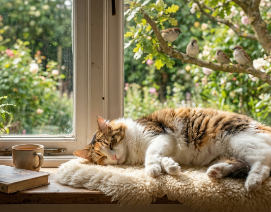 A fluffy calico cat sleeping on a windowsill with birds in the background and greenery outside