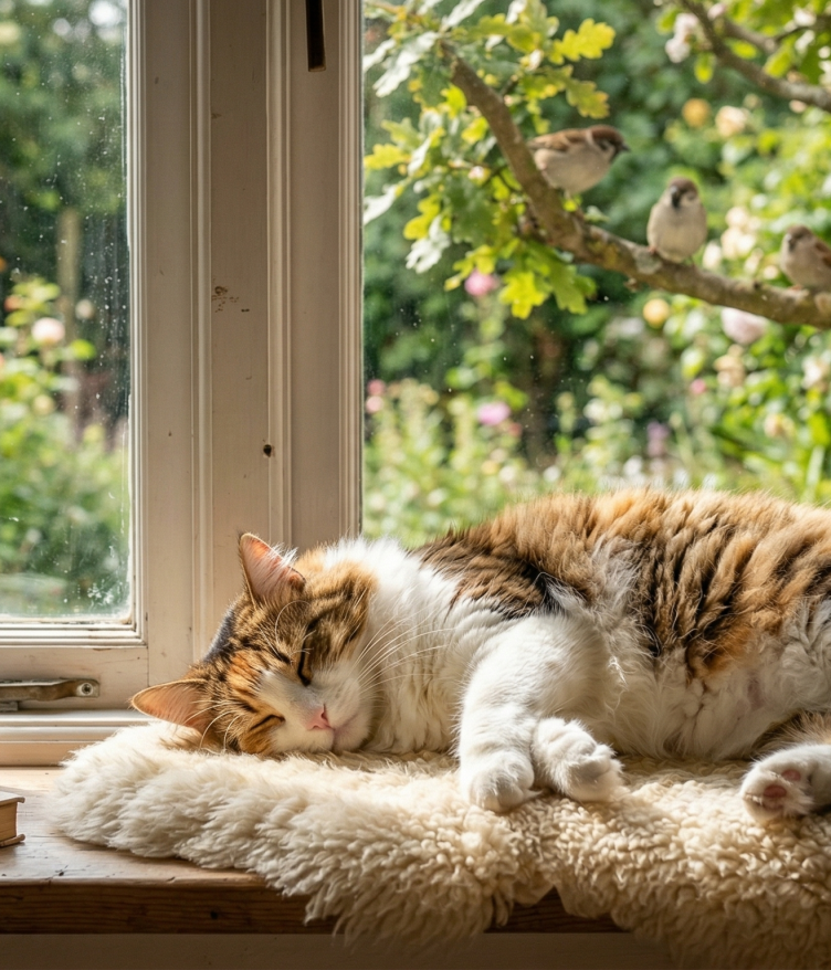 A fluffy calico cat sleeping on a windowsill with birds in the background and greenery outside