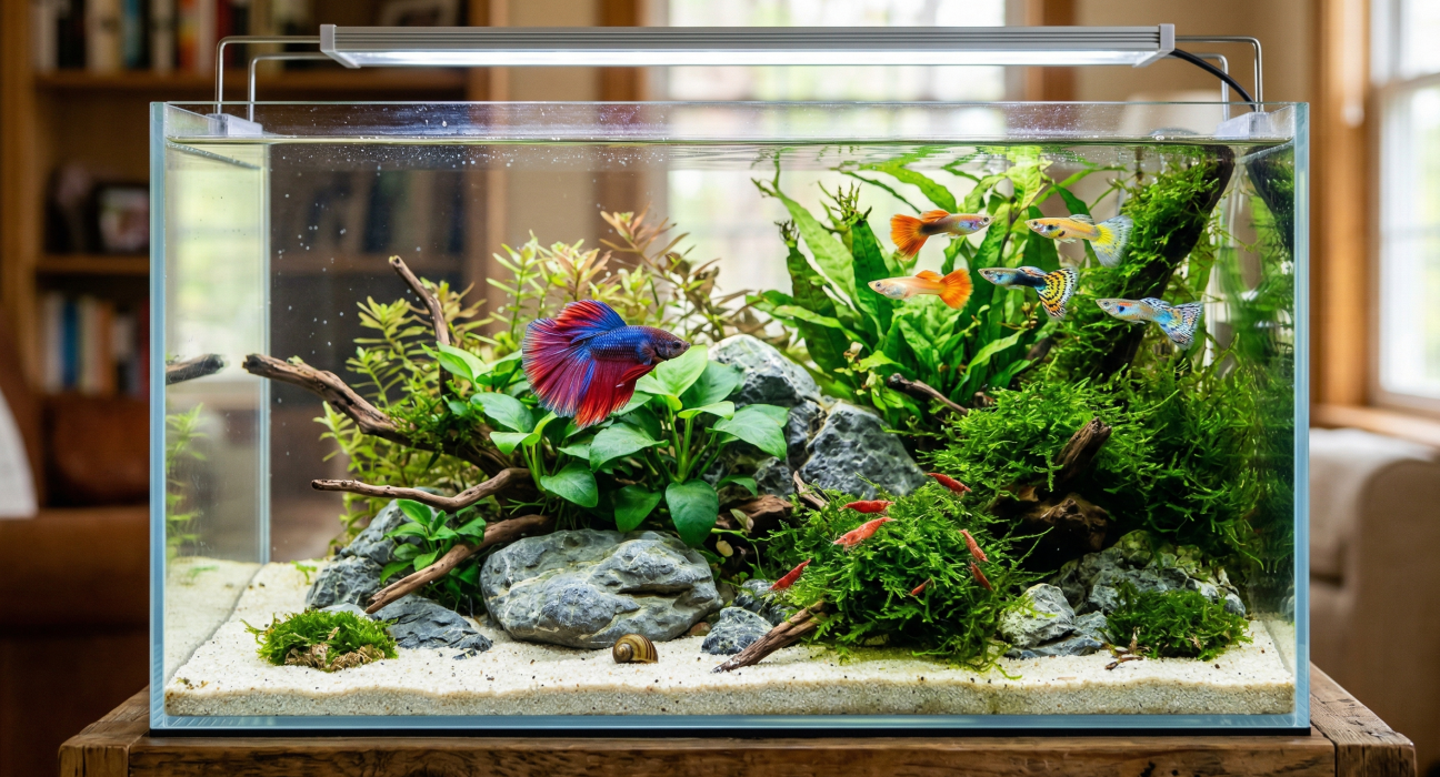 A colorful aquarium with guppies, a betta fish, plants, and rocks.