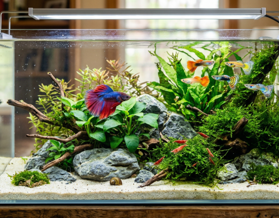 A colorful aquarium with guppies, a betta fish, plants, and rocks.