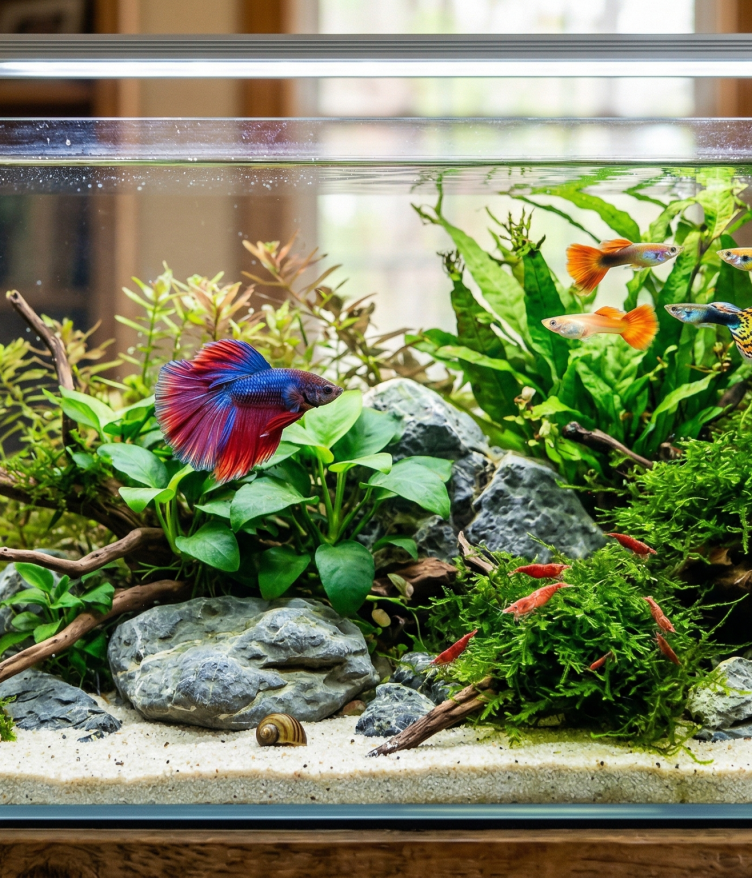 A colorful aquarium with guppies, a betta fish, plants, and rocks.