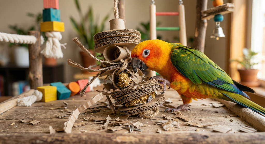 A colorful parrot pecks at a cardboard toy made of tubes and scraps on a wooden table.