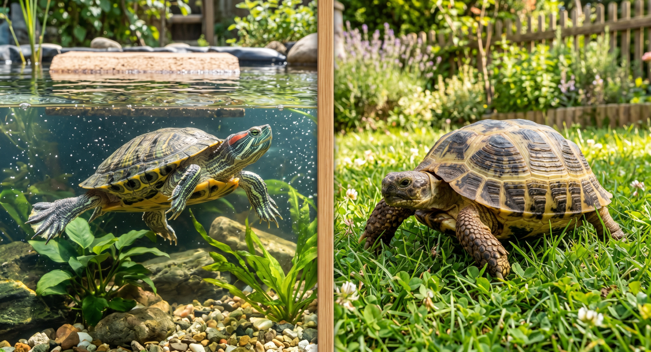 A red-eared slider turtle swimming in clear water, beside a tortoise walking on green grass.