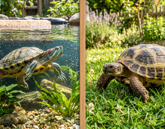 A red-eared slider turtle swimming in clear water, beside a tortoise walking on green grass.