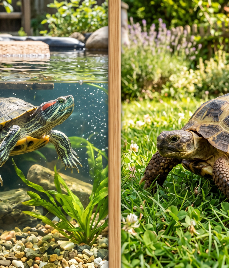 A red-eared slider turtle swimming in clear water, beside a tortoise walking on green grass.