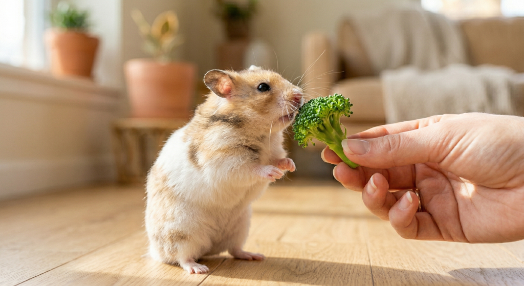 A cute hamster is reaching up to take a piece of broccoli from a person's hand.