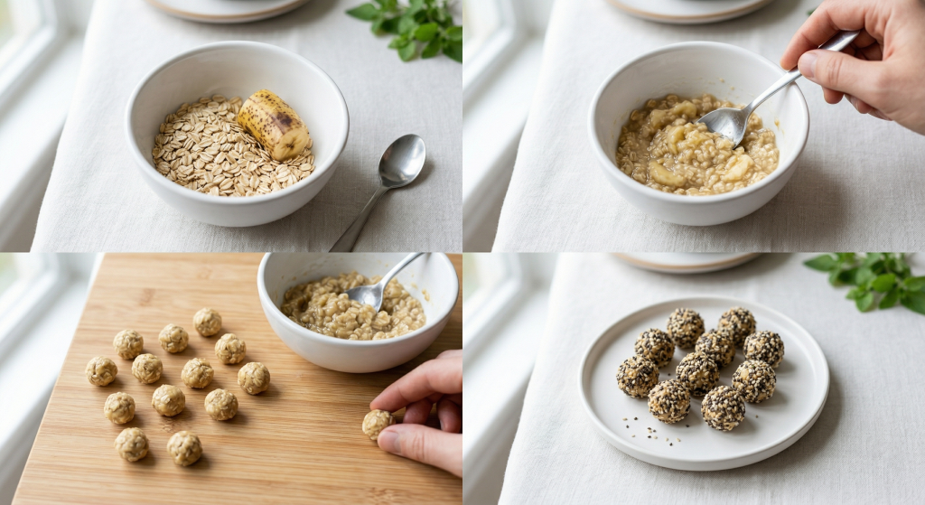 Step-by-step process of making energy balls with oats and banana. Includes oats, mashed banana, and rolled balls.