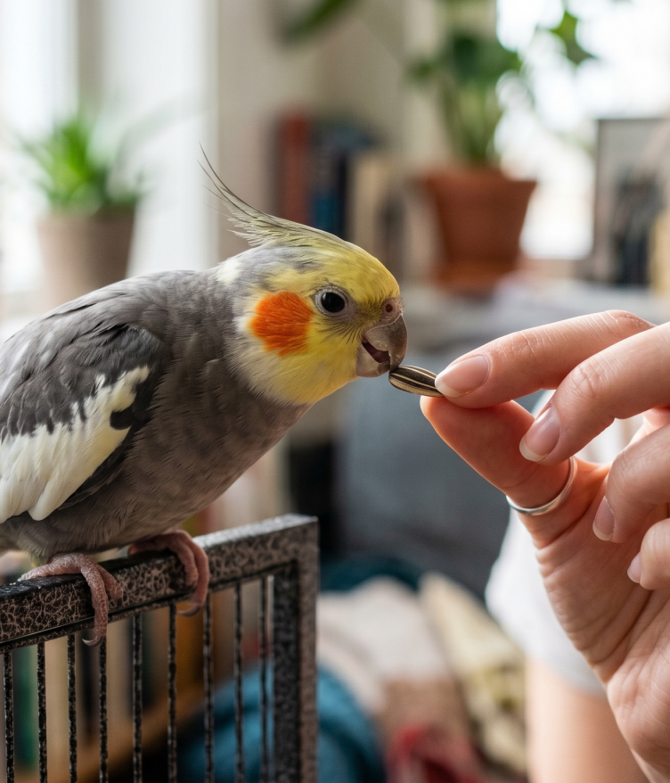 A woman feeding a cockatiel a seed while it perches on its cage. Green plants in the background.