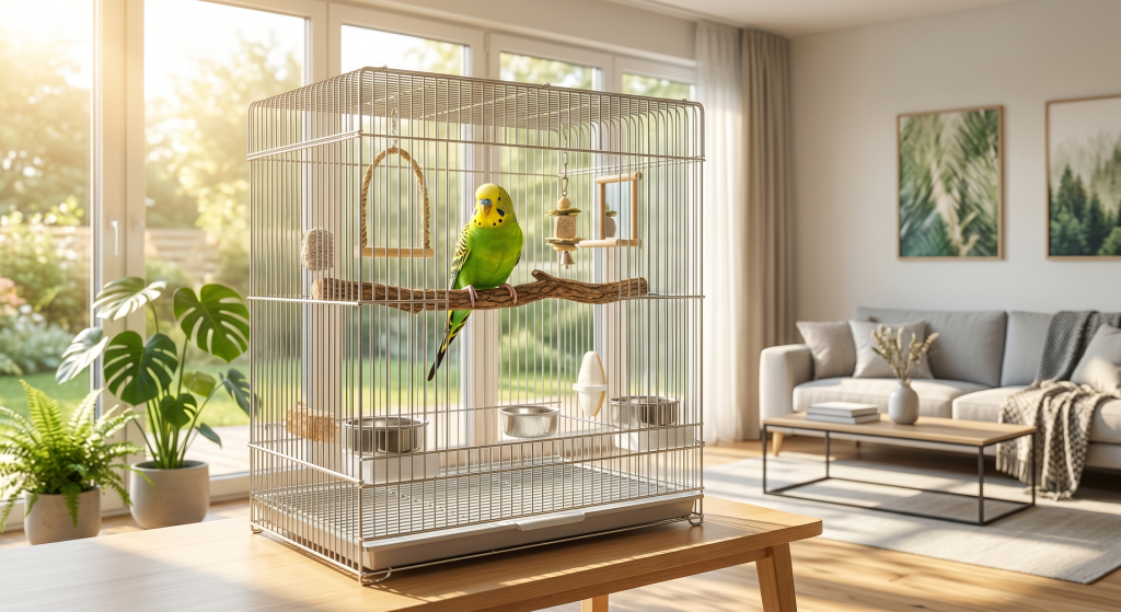 A bright living room features a green parakeet in a spacious cage, surrounded by plants.