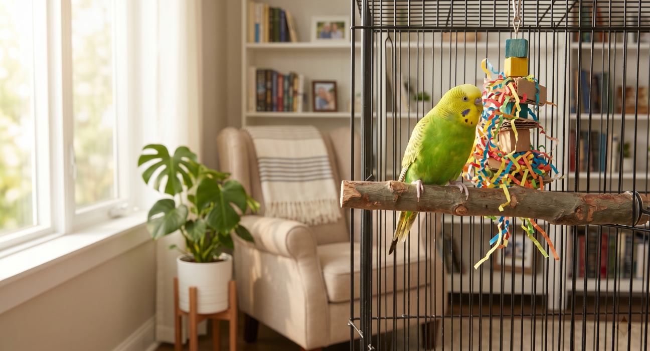 A green parakeet perched on a branch inside a cage with colorful toys, beside a houseplant and a chair.