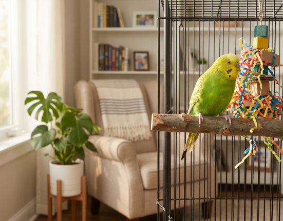 A green parakeet perched on a branch inside a cage with colorful toys, beside a houseplant and a chair.