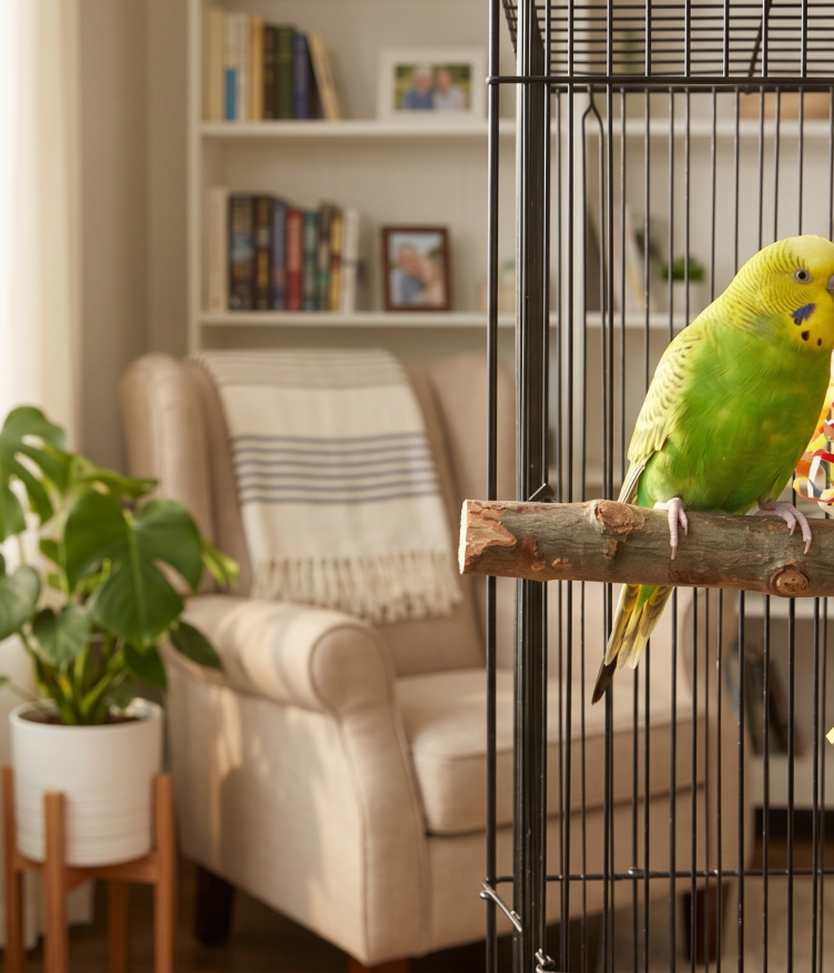 A green parakeet perched on a branch inside a cage with colorful toys, beside a houseplant and a chair.