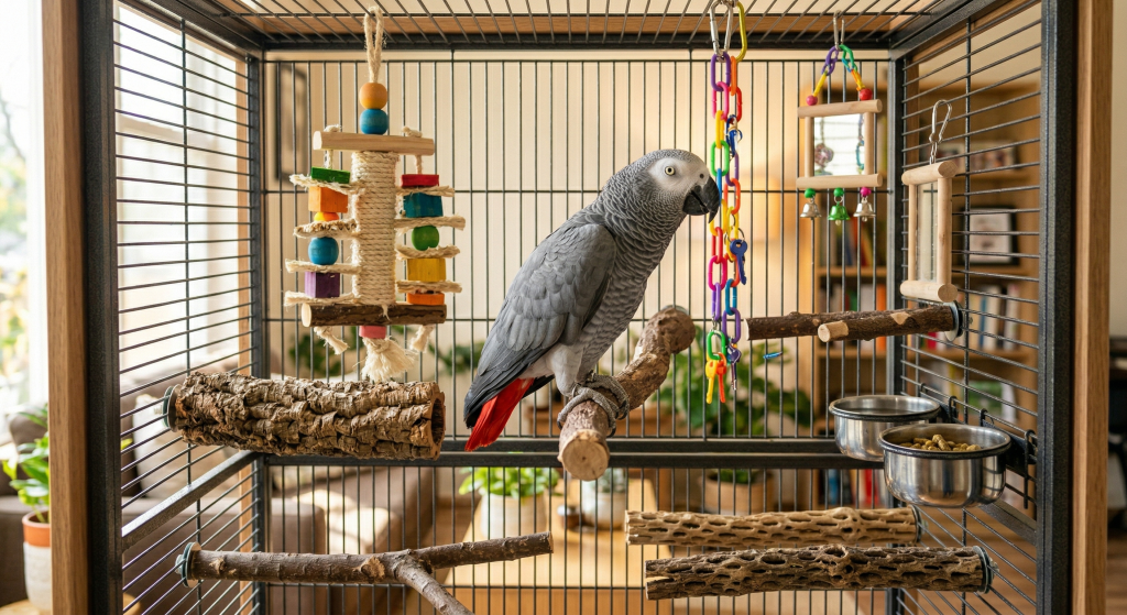 A grey parrot perched on a wooden branch in a large cage with toys and food dishes.