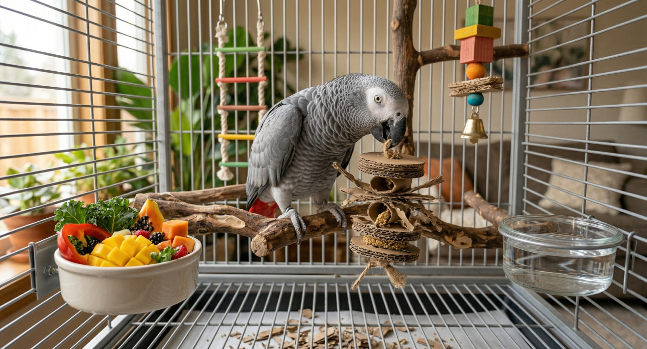 A grey parrot perched on a wooden branch in a cage, surrounded by colorful toys. A bowl of fresh fruit and greens is nearby.