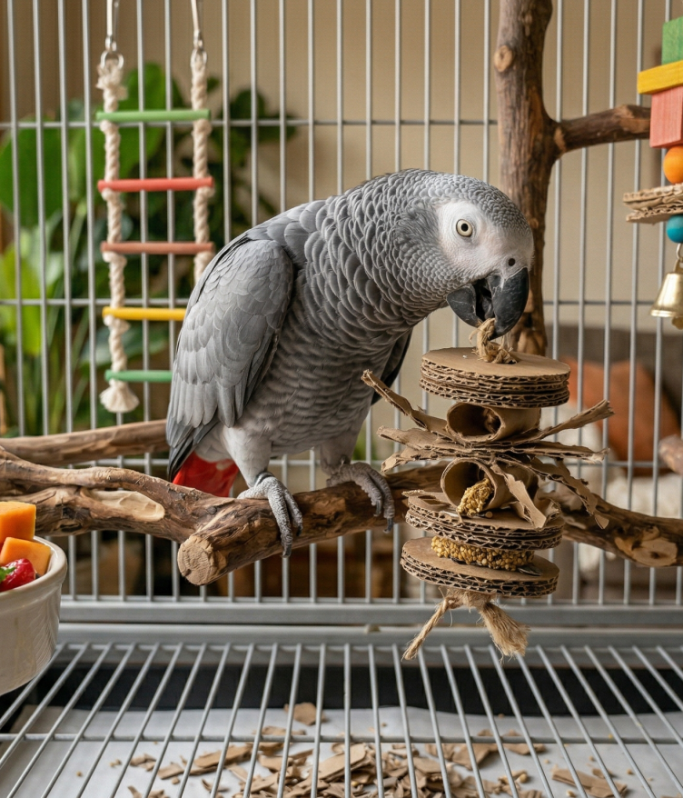 A grey parrot perched on a wooden branch in a cage, surrounded by colorful toys. A bowl of fresh fruit and greens is nearby.