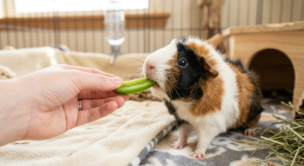 A guinea pig is eating a slice of cucumber from a person's hand. The guinea pig has a brown, black, and white coat.