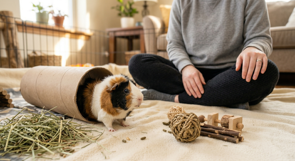 A guinea pig peeking out of a cardboard tube, with hay and toys nearby.