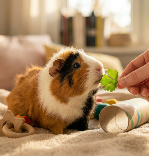 A guinea pig sniffs a piece of green lettuce held by a person, with toys nearby.