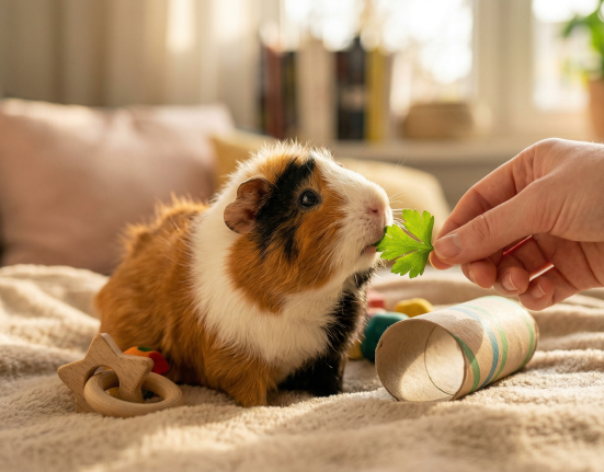 A guinea pig sniffs a piece of green lettuce held by a person, with toys nearby.