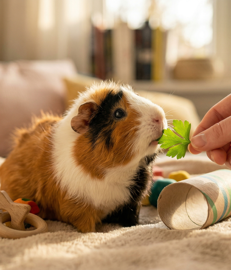 A guinea pig sniffs a piece of green lettuce held by a person, with toys nearby.
