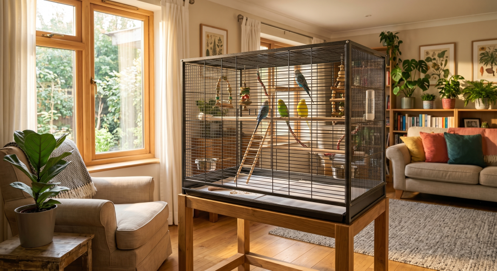 A large bird cage in a cozy room with birds, a plant, and a cozy chair.