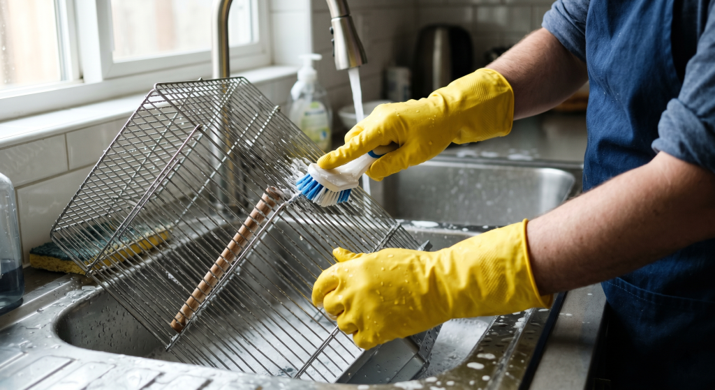A person with yellow gloves scrubbing a metal cage in a soapy sink.