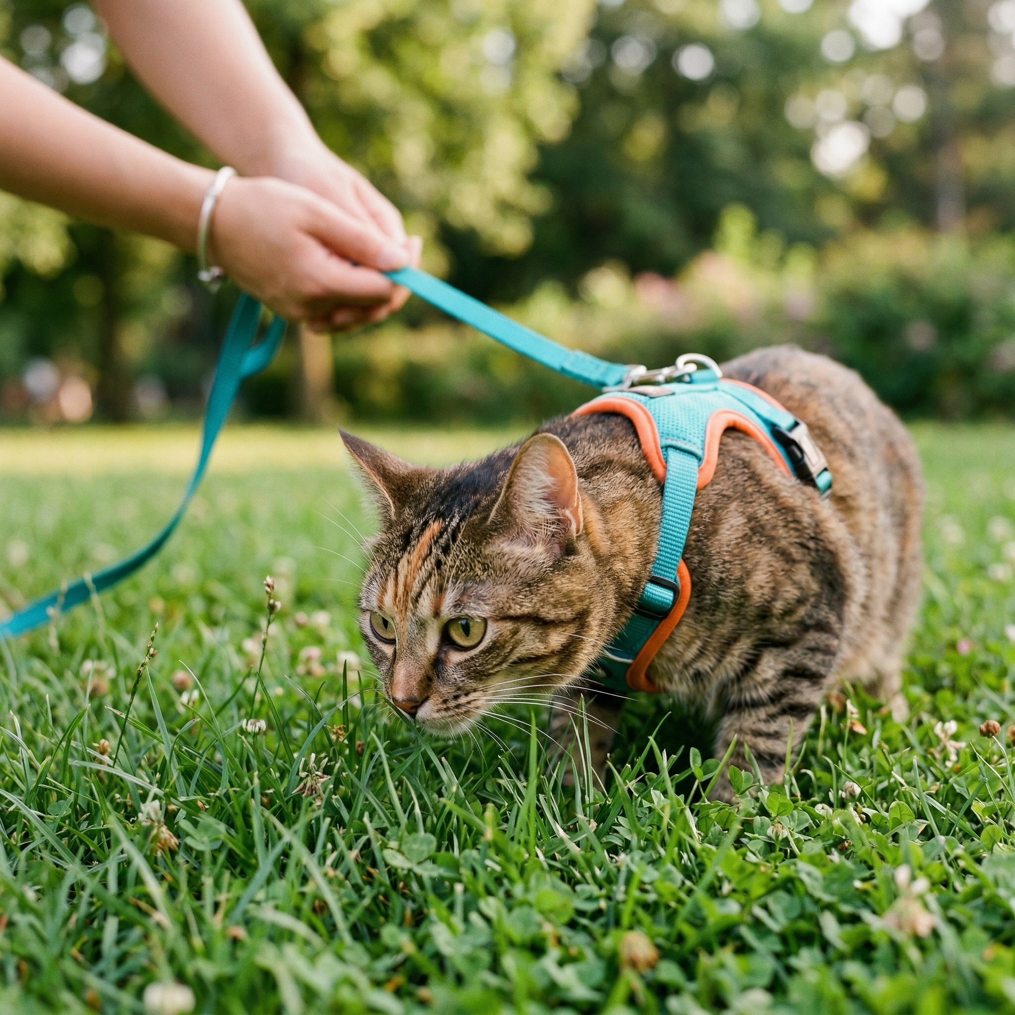An orange cat in a blue harness walking on green grass in a sunny park.