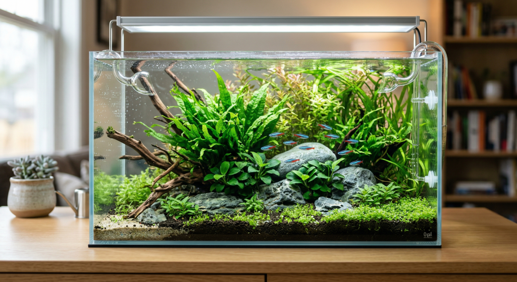 A planted aquarium showing lush greenery with small colorful fish swimming among rocks, bathed in light.