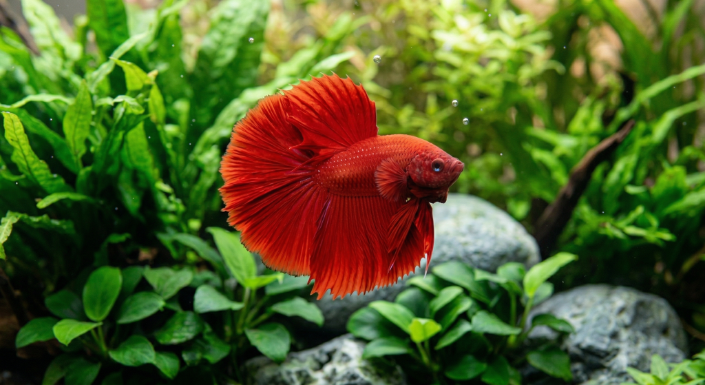 A vibrant red betta fish swimming among green aquatic plants and stones.